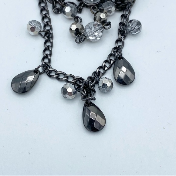 Multi Faceted Rhinestone Gunmetal Tone Dangling Chain Bead Statement Brooch Pin - Picture 10 of 12